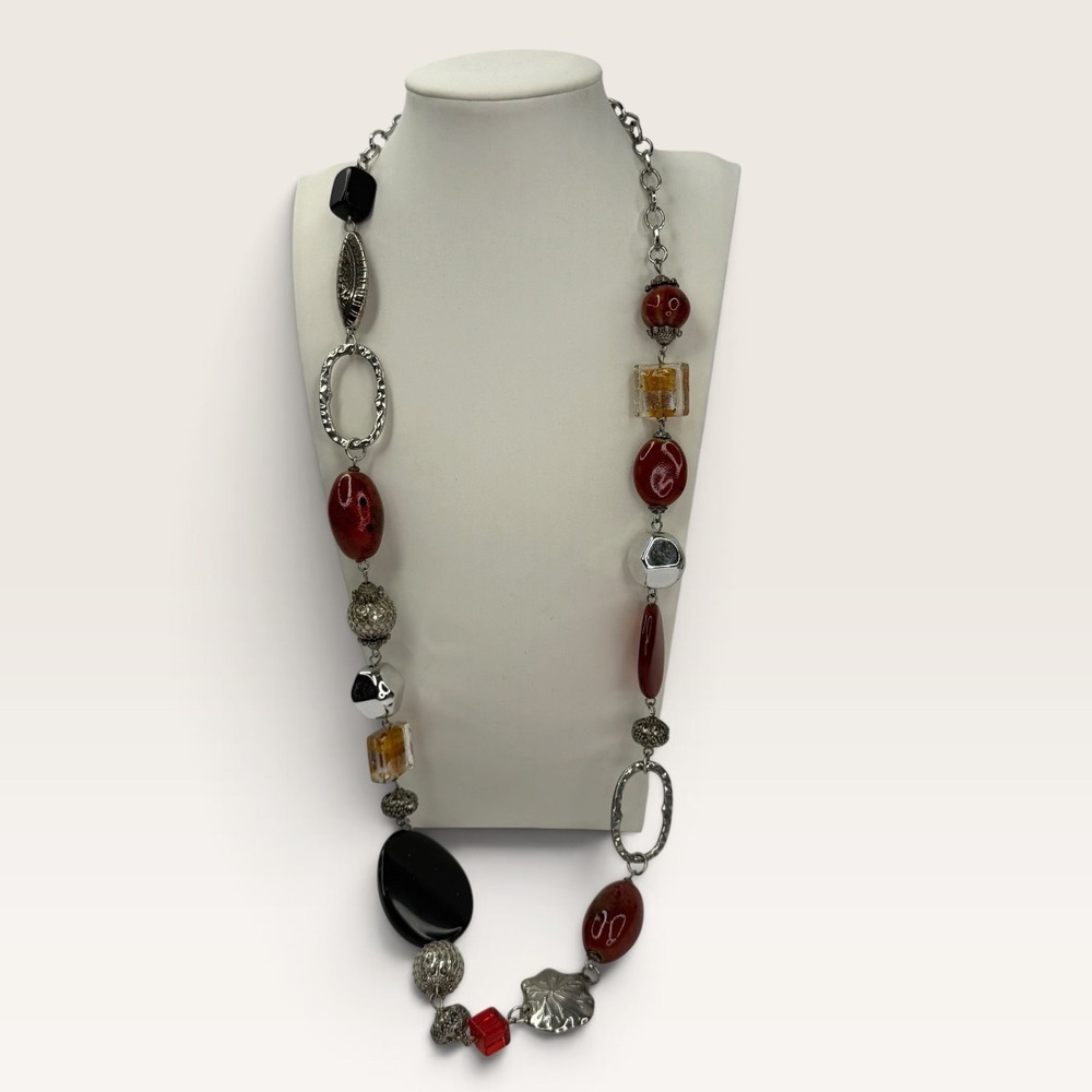 Chicos Long Mixed Media Statement Necklace Red Black Silver Beaded Boho Y2K 90s